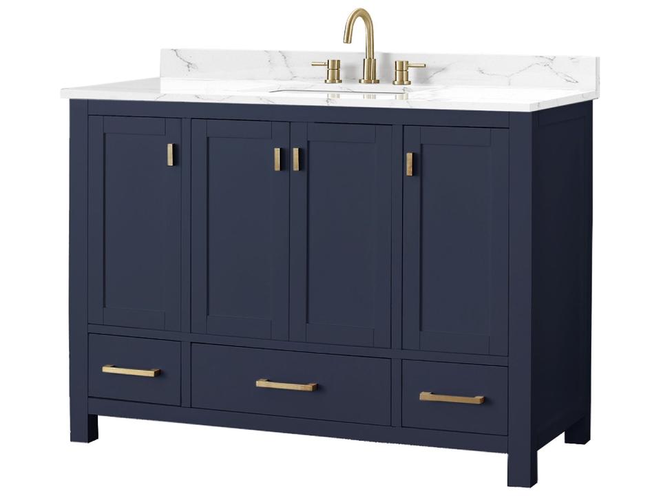 Modero 49 in. Single Sink Bathroom Vanity in Navy Blue with Cala White Engineered Stone Top