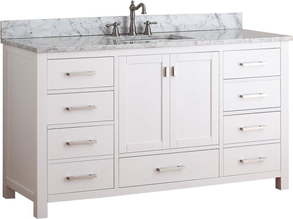 Modero 61 in. Single Sink Bathroom Vanity in White with Carrara White Marble Top