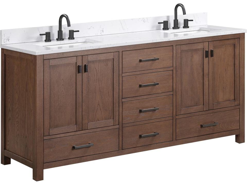 Modero 73 in. Double Sink Bathroom Vanity in Mocha Oak with Cala White Engineered Stone Top