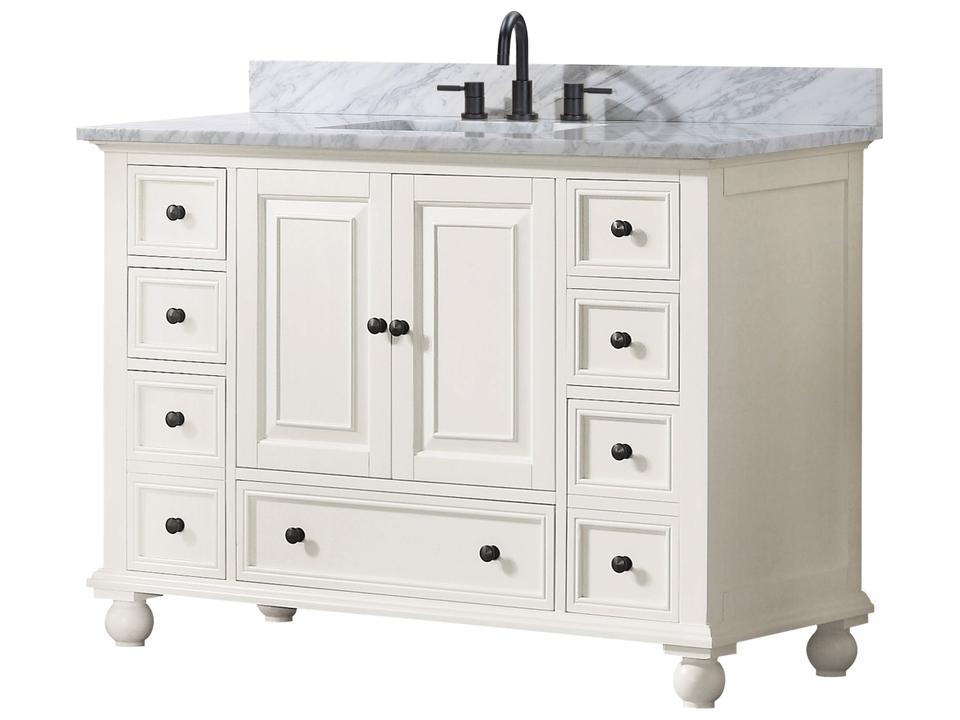 Thompson 49 in. Single Sink Bathroom Vanity in French White with Carrara White Marble Top