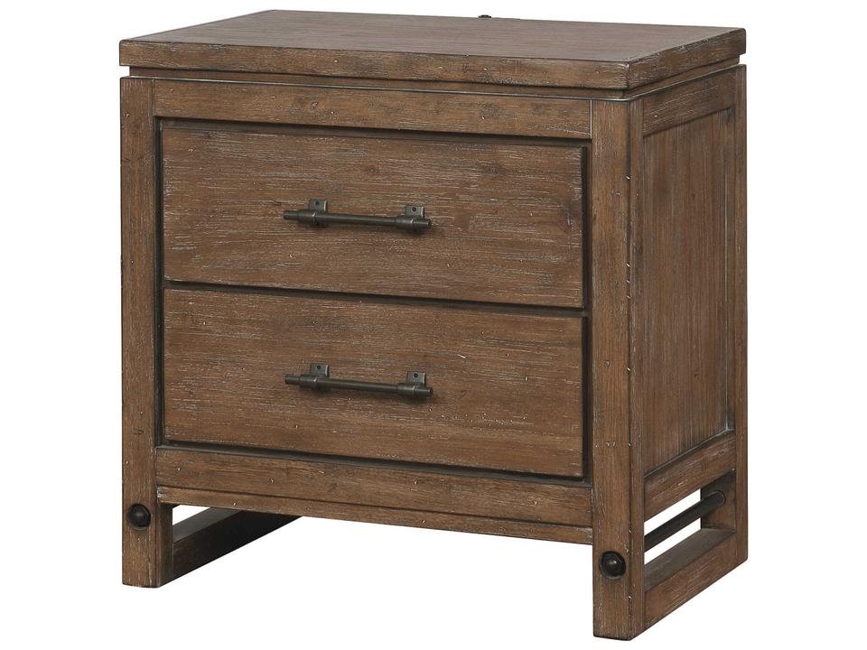 Round Rock 2-Drawer Nightstand with USB and LED Night Light in Brushed Medium Acacia