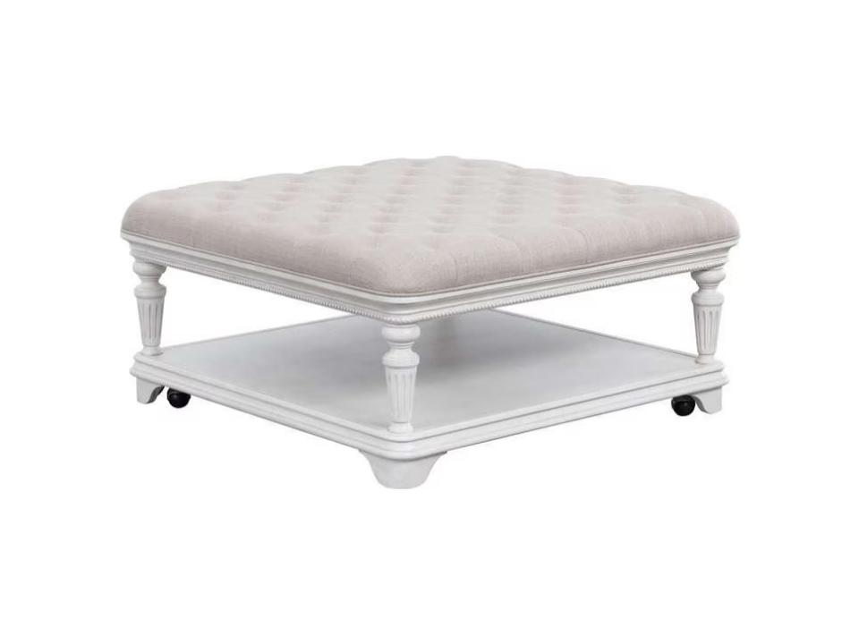 Gray Oak Distressed White Upholstered Ottoman