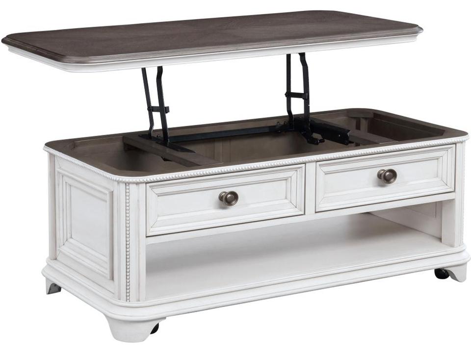 O0162 Lift Top Rectangle Coffee Table in Gray Oak and Distressed White