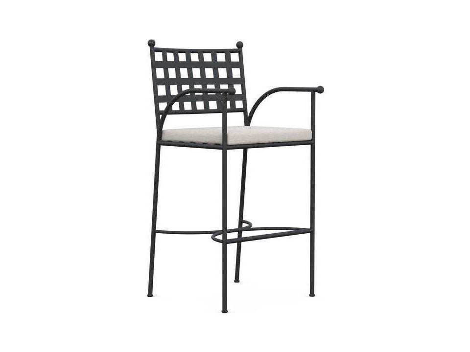 Athens Wrought Iron Upholstered Outdoor Bar Stool in Noir with Linen Cushion