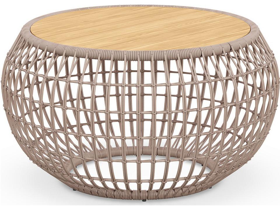 Barcelona Round Outdoor Side Table with All-Weather Wicker and Teak Top