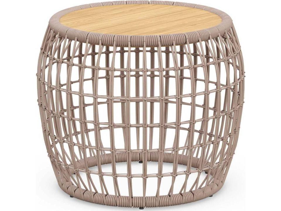 Barcelona Round Outdoor End Table with Teak Top and Wicker Accents