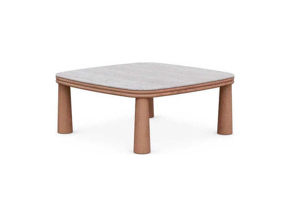 Biscayne Square Coffee Table in Natural Teak and Travertine