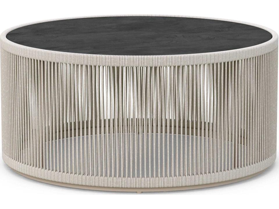 Malta Birch All-Weather Textilene Rope Round Coffee Table with Matte Carbon Dekton Top