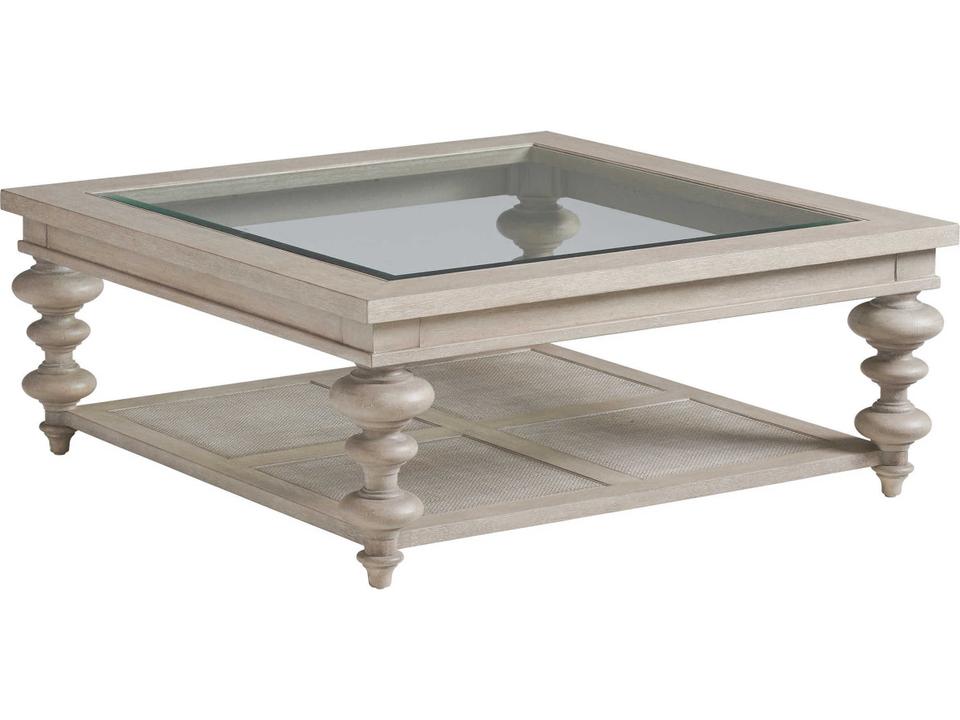 Castlerock Square Coffee Table in Taupe Wood Cane and Glass