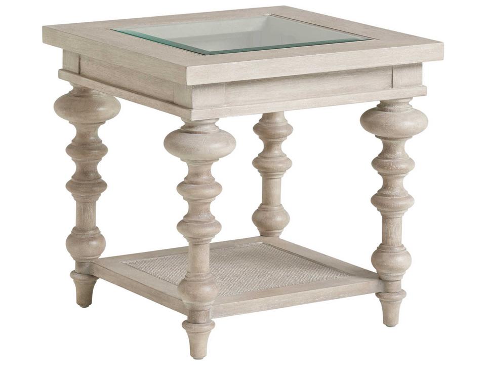 Castlerock Square End Table in Taupe Wood with Cane and Glass
