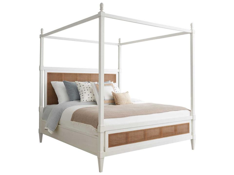 Laguna Strand Queen Poster Bed in Linen White with Cane