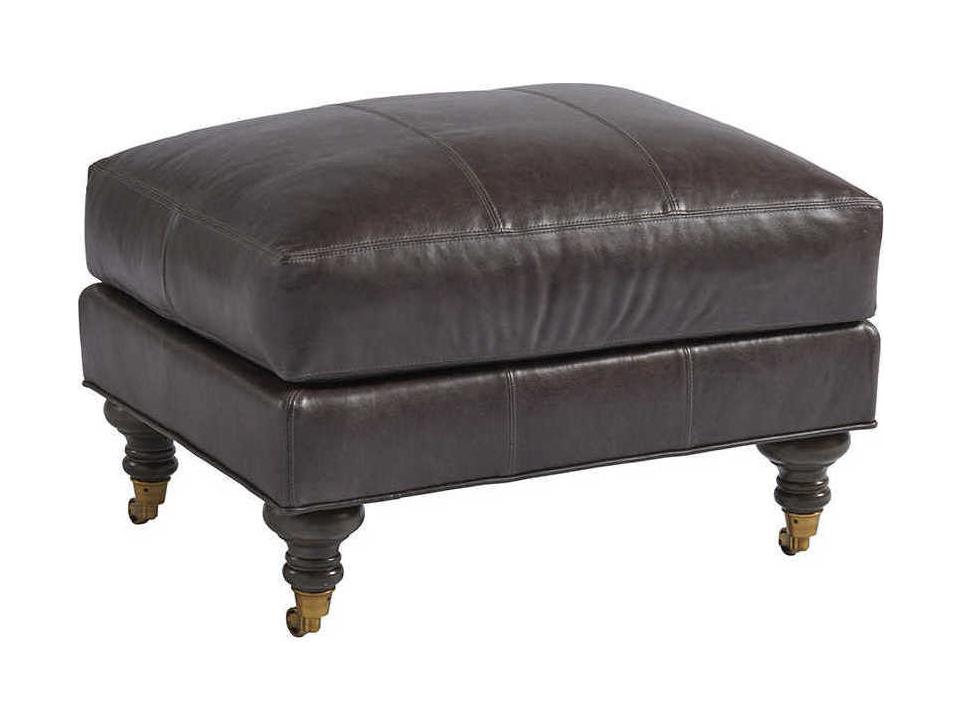 Oxford Leather Ottoman in Charcoal with Brass Casters