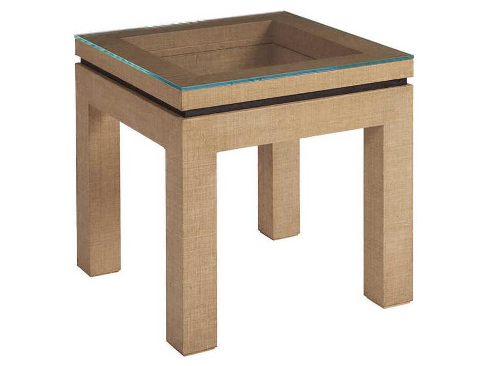 Newport Harbor Raffia Square Lamp Table in Sandstone with Glass Top