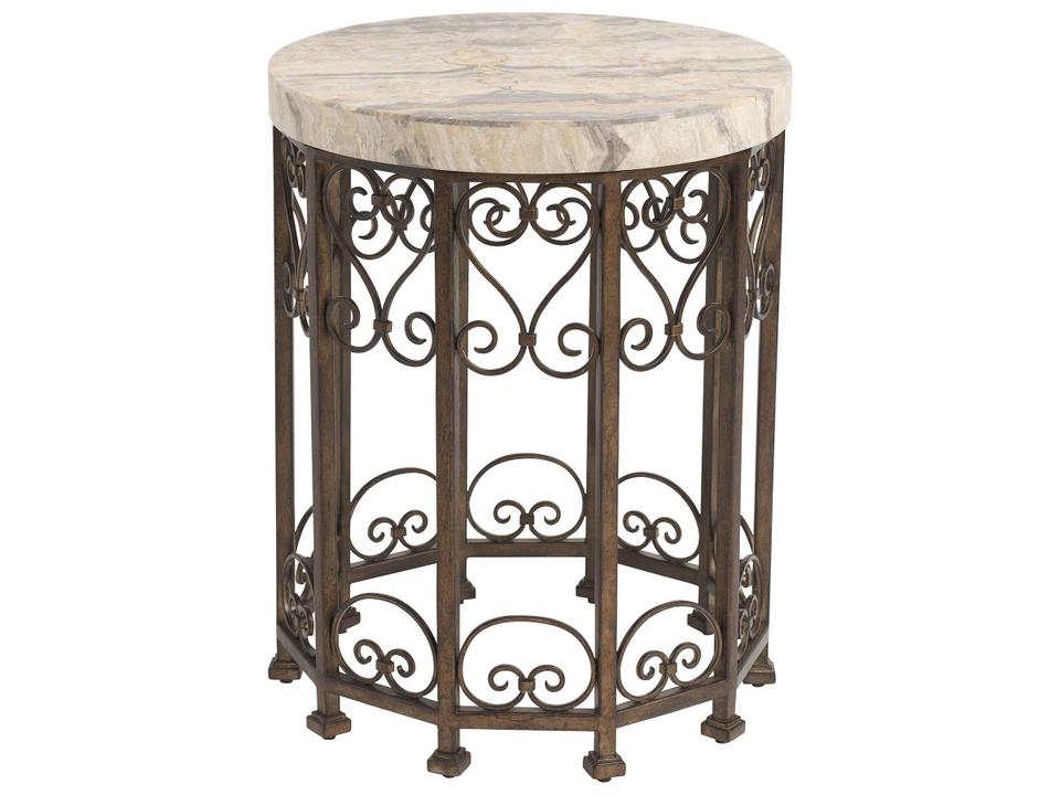Montecito Lowery Round Metal Accent Table in Hammered Bronze with Stone Top
