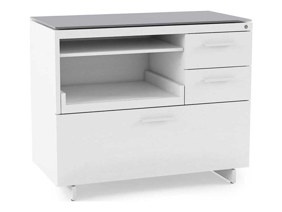 Centro 6417 Multifunction Office Cabinet in Satin White and Grey Glass