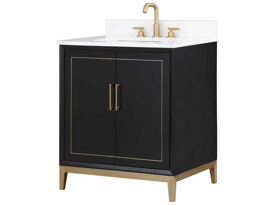 Gracie 30-Inch Bathroom Vanity with White Quartz Top and Satin Brass Trim in Midnight Black