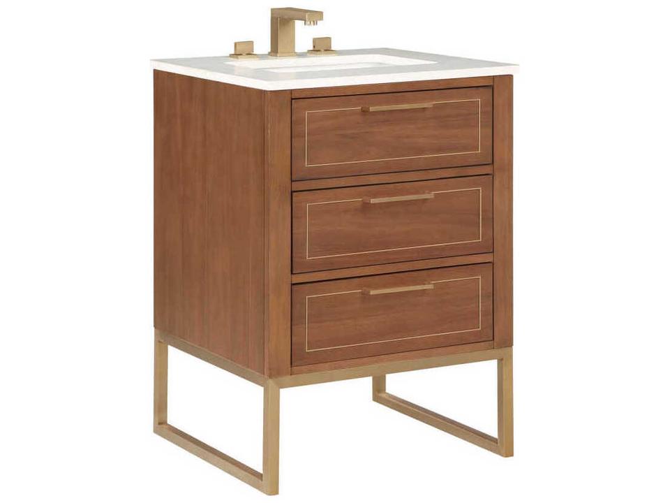 Markham 24-Inch Bathroom Vanity in Walnut with Calacatta Quartz and Satin Brass
