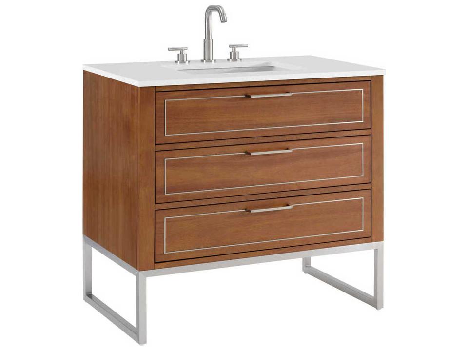 Markham 36-Inch Walnut Freestanding Bathroom Vanity with Brushed Nickel Inlays