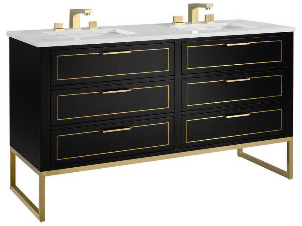 Markham 60-Inch Midnight Black and Satin Brass Double Bathroom Vanity with Soft-Close Drawers