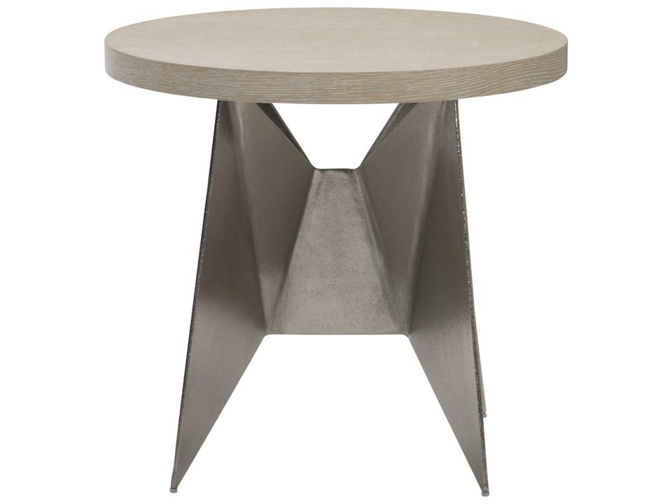 Solaria Round End Table with Dune Wood Top and Shiny Nickel Base