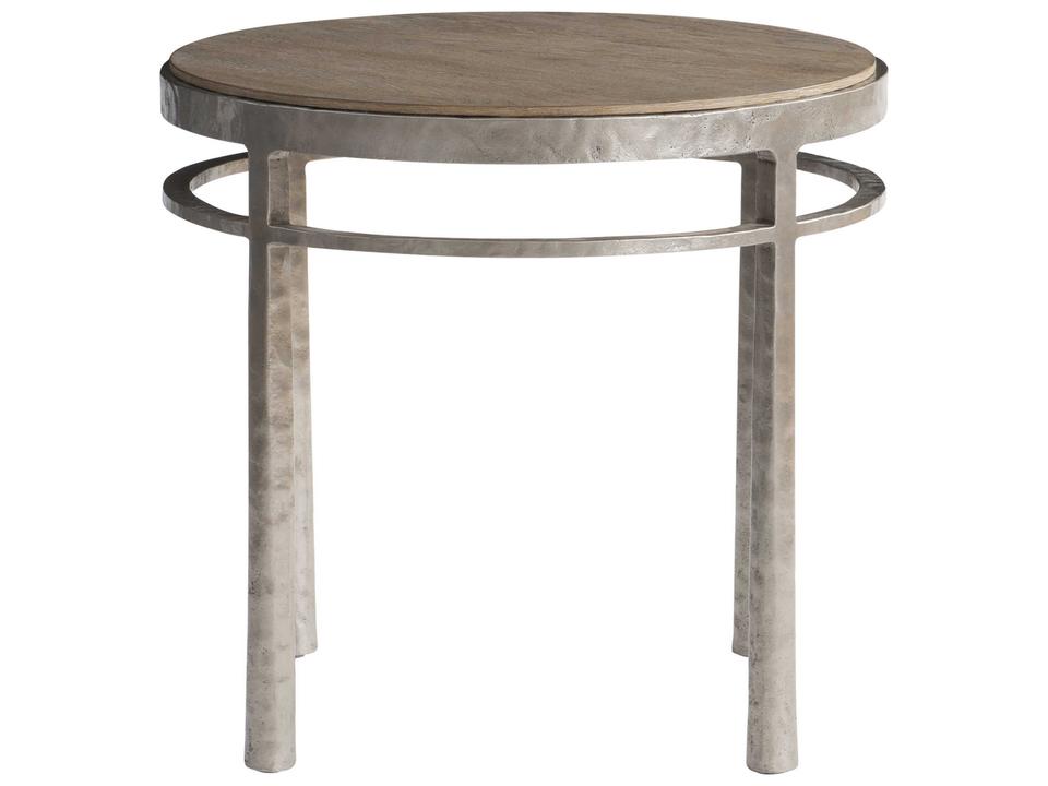 Aventura Round Side Table Marcona Wood and Frosted Nickel