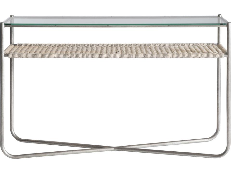 Kendo Console Table with Tempered Glass Top and Abaca Shelf in Graphite