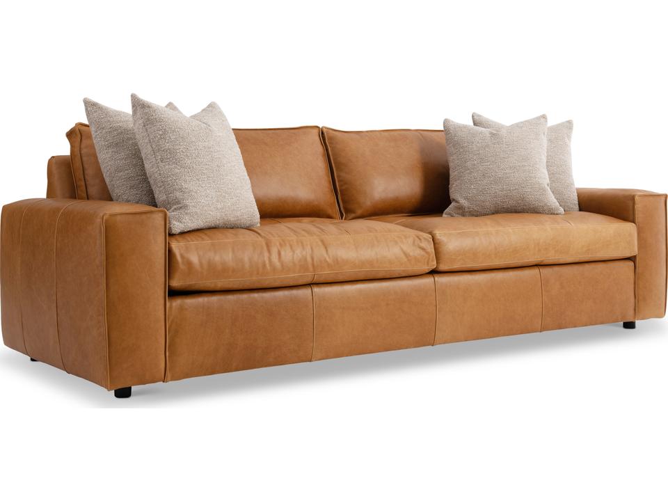 Nest 3-Seat Tan Leather Sofa with Track Arms and Flanged Edges