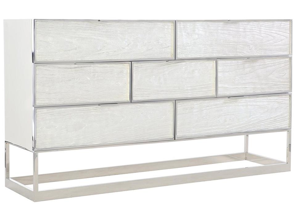 Interiors Parkhurst 7-Drawer Dresser in High Sheen White Lacquer with Stainless Steel