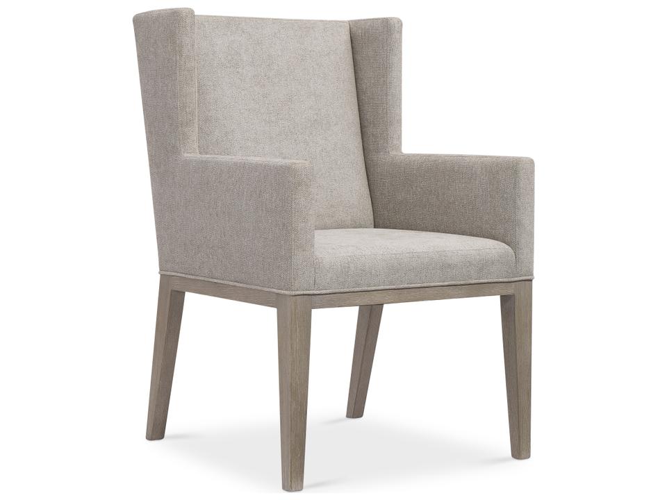 Linea Upholstered Arm Dining Chair in Cerused Greige with Textured Gray Fabric