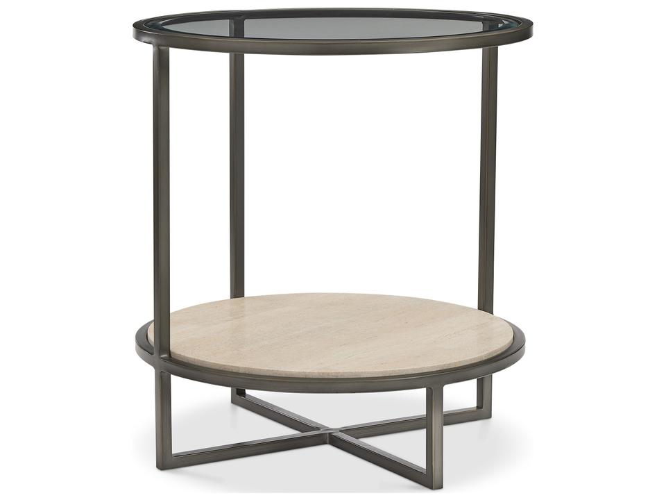 Harlow Round Side Table with Travertine and Glass Top