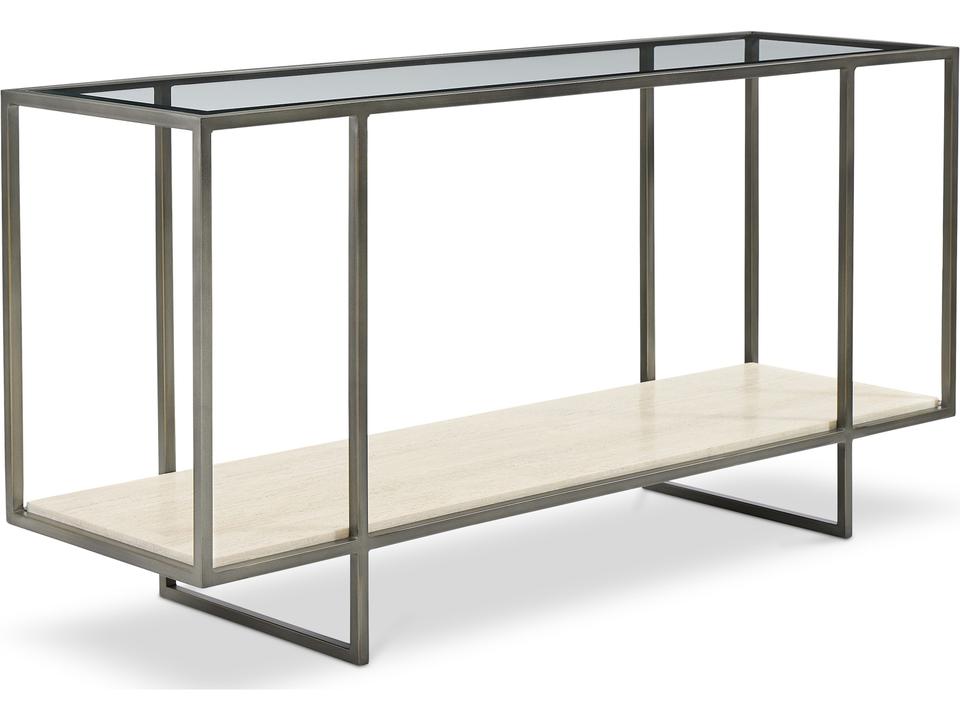 Harlow Metal Console Table in Oil-Rubbed Bronze with Glass and Travertine
