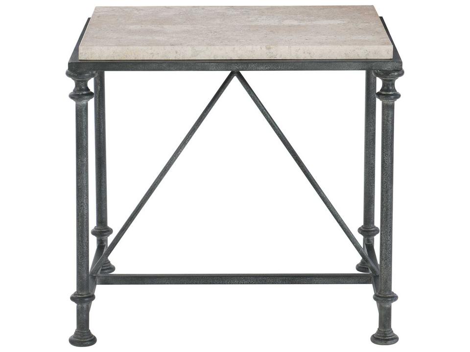 Galesbury Square Side Table with Travertine Stone Top and Antique Silver Steel Base