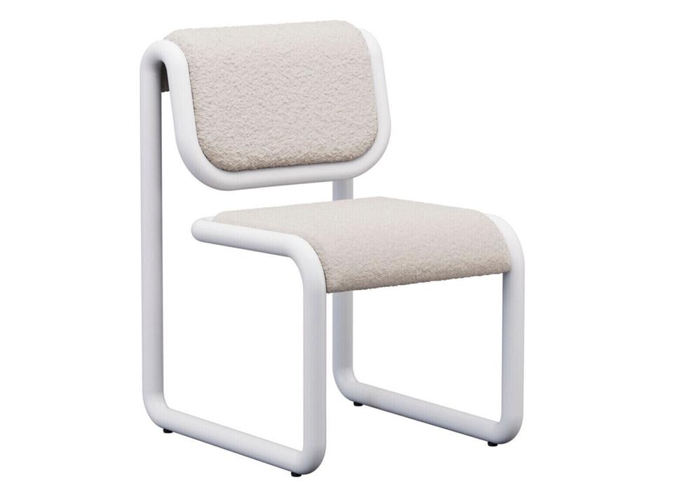 Tube Upholstered Dining Side Chair in White Boucle