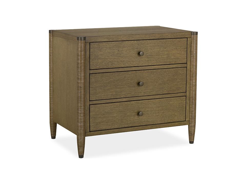 Vincent 3-Drawer Brown Oak Wood Nightstand with Rattan Legs