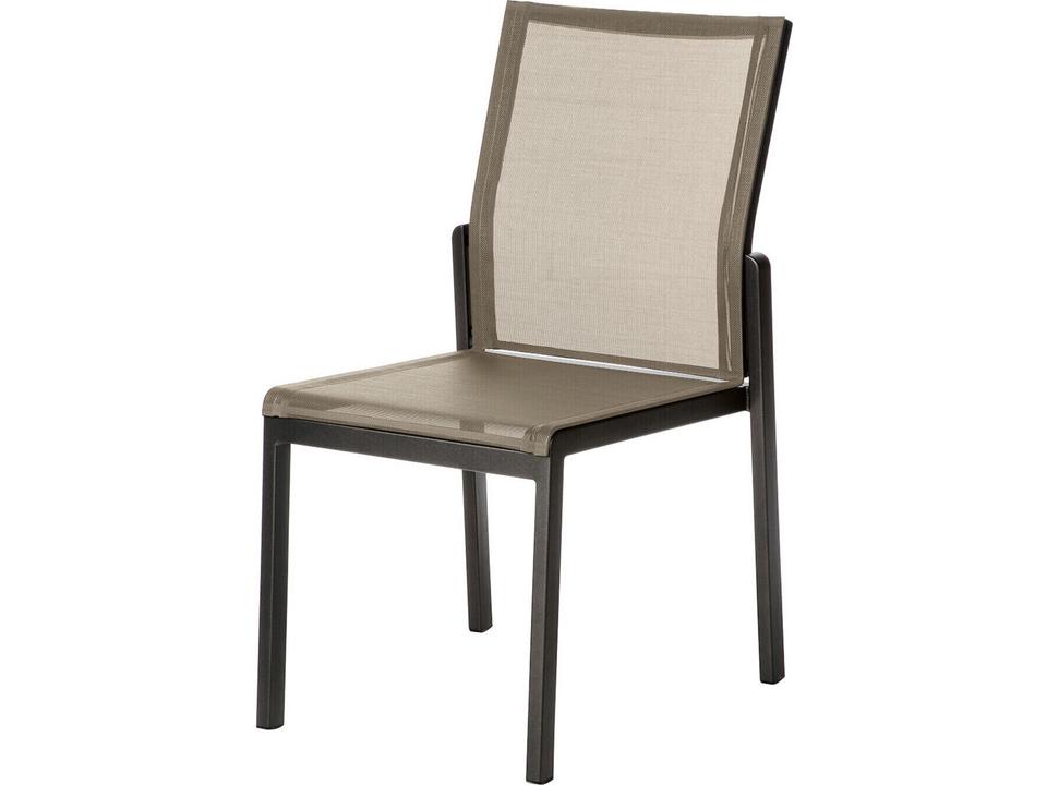 Aura Aluminum Stacking Dining Armchair in Graphite with Teak Arms and Charcoal Sling