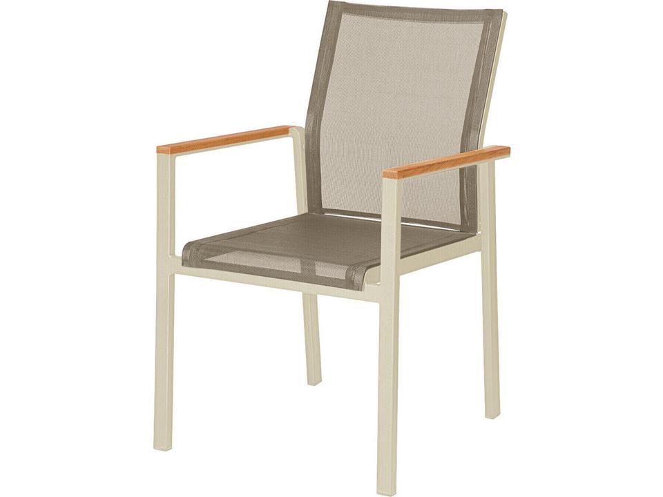 Aura Outdoor Dining Armchair in Graphite Aluminum with Charcoal Textilene Sling and Teak Armrests