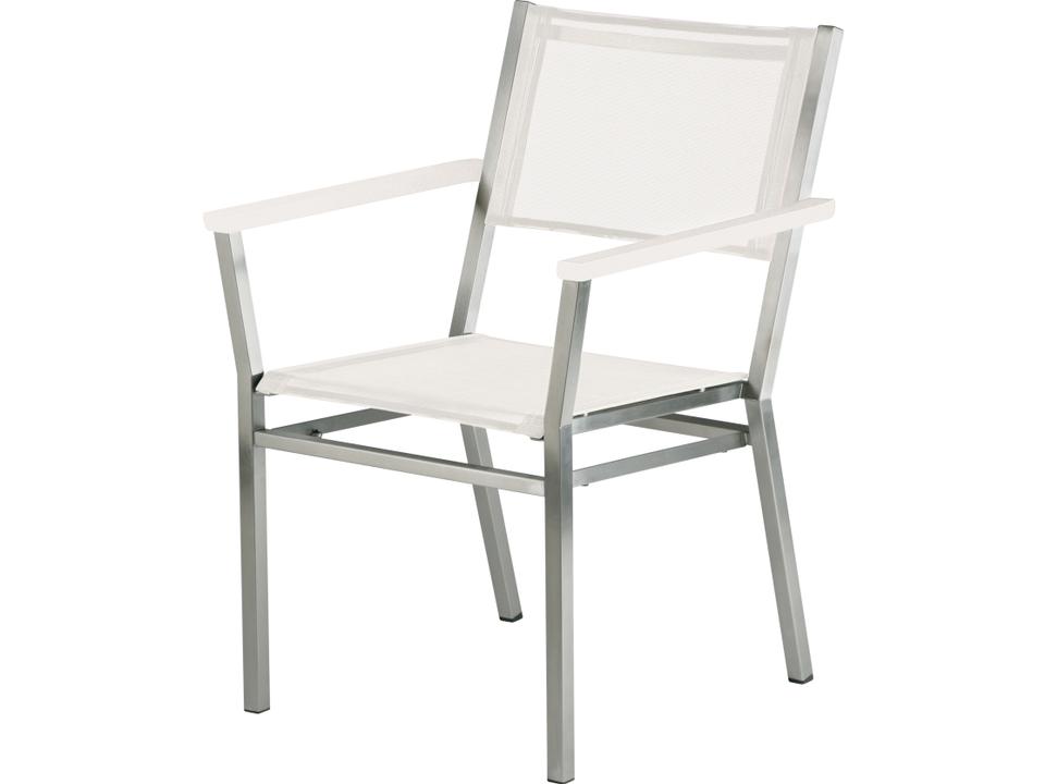 Equinox Outdoor Dining Armchair with Arctic White Powder-Coated Stainless Steel Frame and Seagull Sling