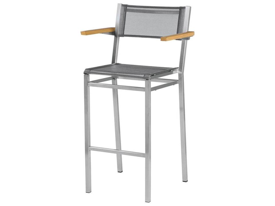 Equinox High Dining Bar Stool in Platinum Textilene Sling and Teak Arms