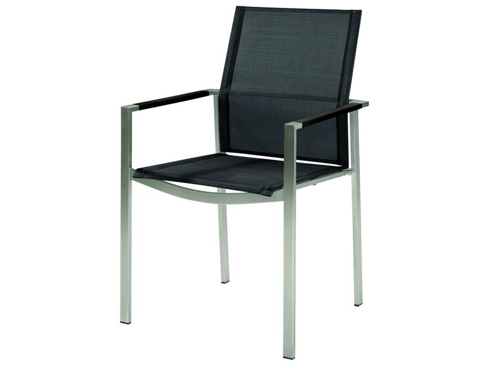 Mercury Stainless Steel Dining Armchair with Charcoal Textilene Sling and Teak Arms