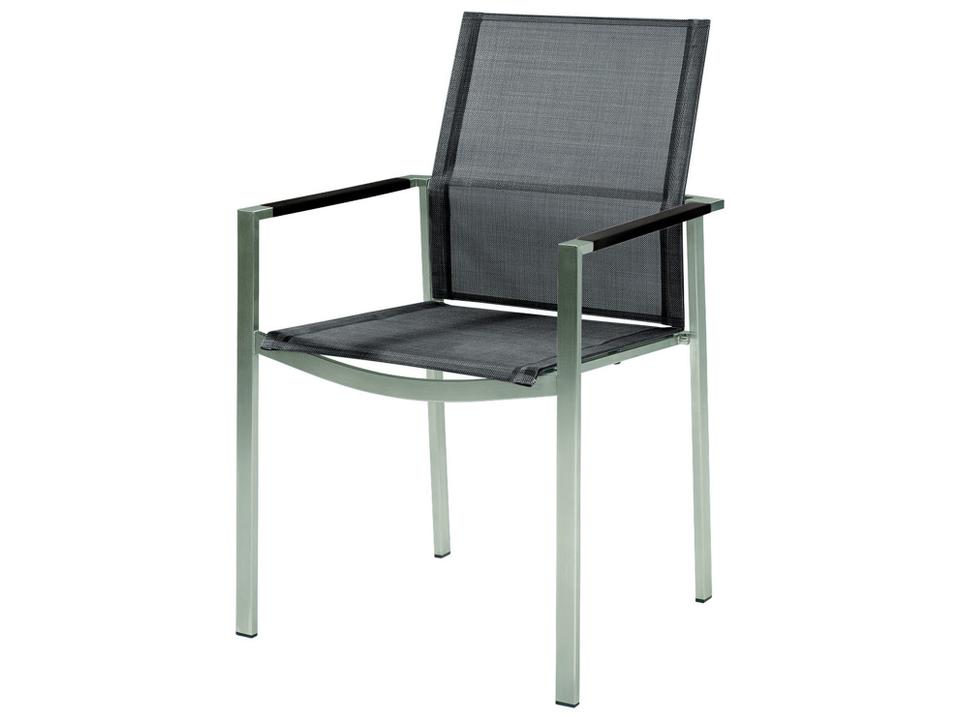Mercury Dining Armchair in Silver Stainless Steel with Platinum Sling and Natural Teak Arms