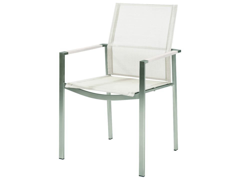 Mercury Dining Arm Chair - Silver Stainless Steel Frame - Pearl Textilene Sling - Arctic White Powder Coated Aluminum Arms