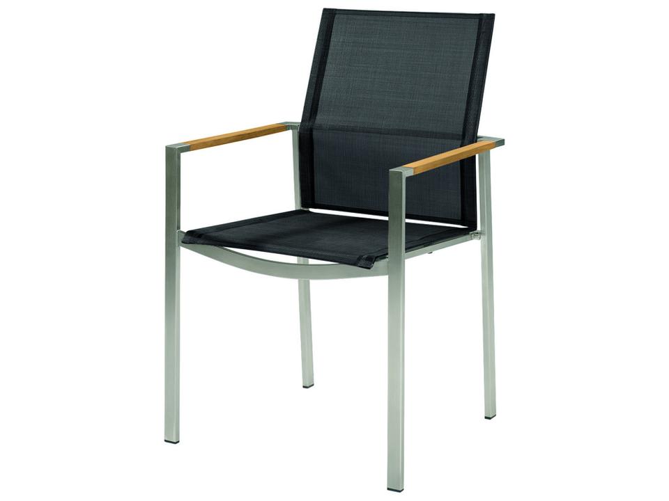 Mercury Dining Arm Chair in Silver Stainless Steel and Charcoal Sling with Natural Teak Arms