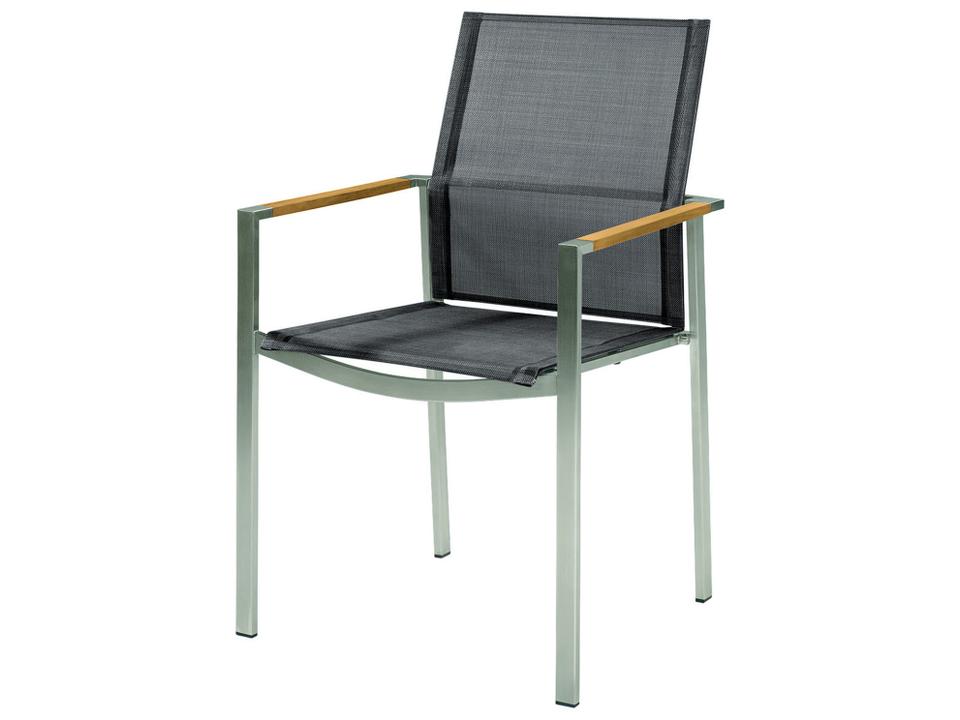 Mercury Dining Armchair in Silver Stainless Steel with Platinum Textilene Sling and Teak Arms