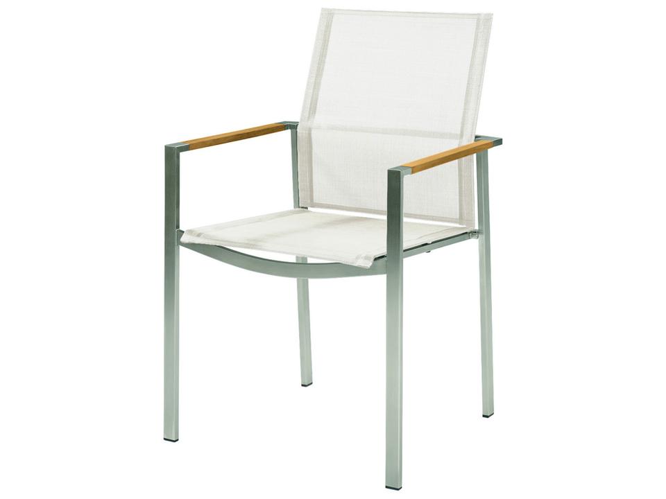 Mercury Dining Arm Chair - Silver Stainless Steel Frame - Pearl Textilene Sling - Natural Teak Arms