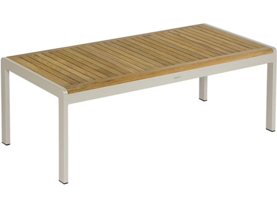 Aura 47-Inch Rectangular Outdoor Coffee Table in Champagne Powder-Coated Aluminum and Natural Teak