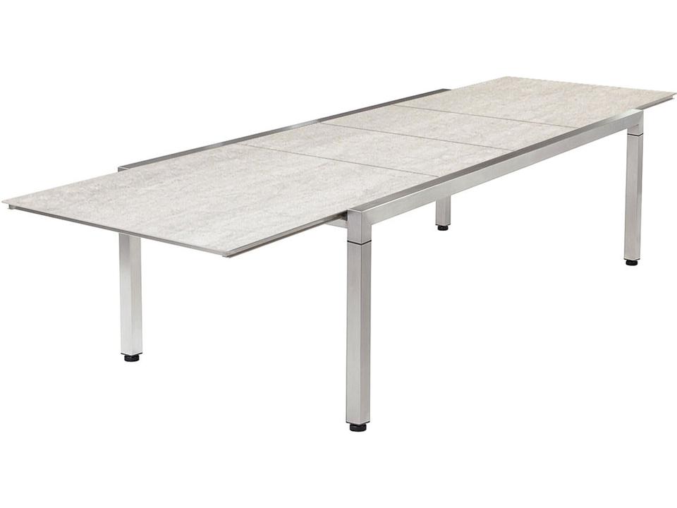Equinox Rectangle Extending Dining Table in Stainless Steel and Frost Ceramic