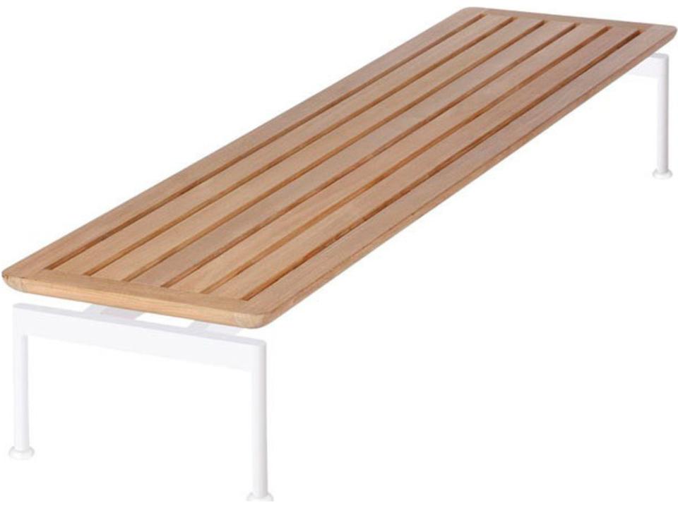 Layout Narrow Outdoor Coffee Table with Teak Top and Arctic White Powder-Coated Stainless Steel Frame
