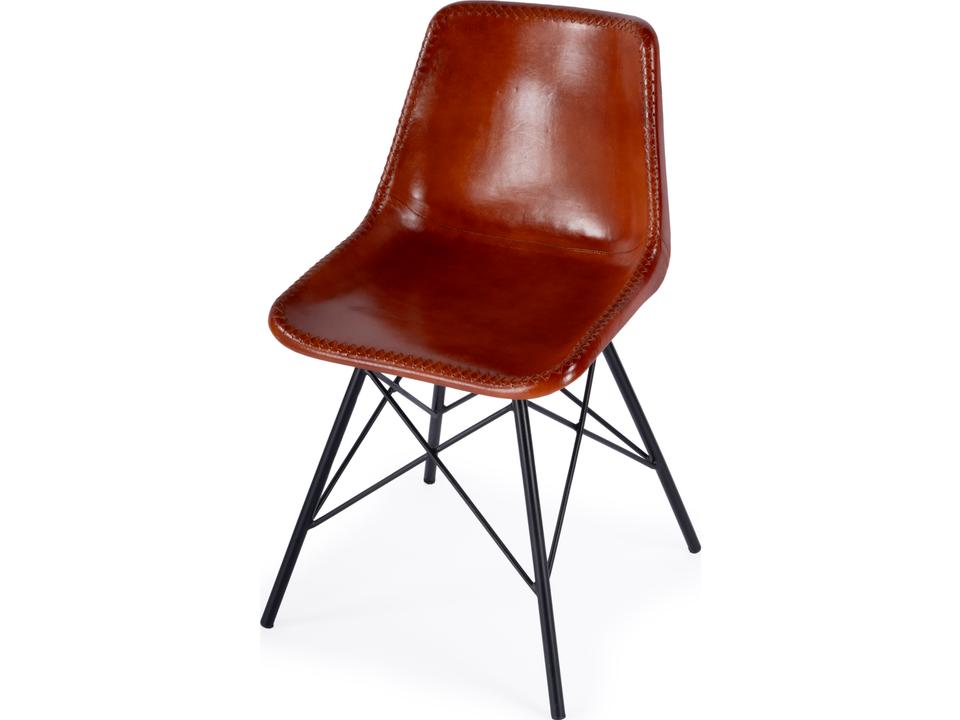 Inland Mid-Century Modern Upholstered Dining Side Chair in Brown Leather and Black Iron