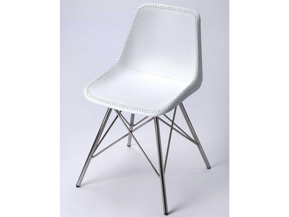 Inland Mid-Century Modern Upholstered Dining Side Chair in White Leather and Nickel Iron