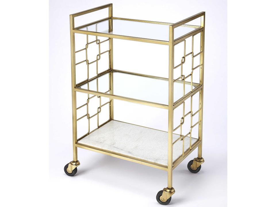 Specialty Arcadia Bar Cart Polished Gold Stainless Steel and Stone